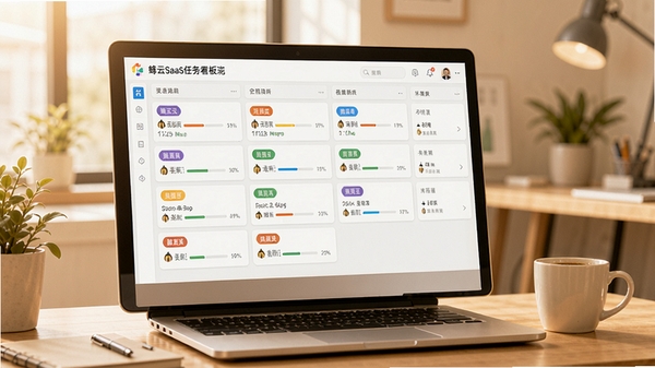 蜂云SaaS任务看板功能演示，屏幕上显示多列任务卡片，包含不同颜色标签和进度条，背景为办公桌面场景，有笔记本电脑和咖啡杯，色调温暖明亮