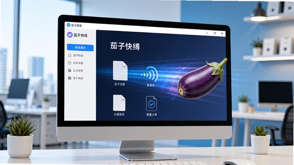 茄子快传主界面预览图，展示简洁清晰的软件布局，电脑屏幕前有文件正在快速传输的动感效果，背景为现代办公环境，色调明亮，强调高速传输与便捷分享的主题