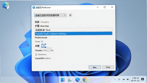 全能王定时关机安装向导截图，显示安装路径选择界面，蓝色高亮显示安装目录，背景为Windows 11桌面，窗口风格与系统一致，真实感强