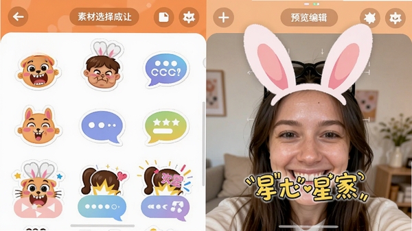展示星拾欢趣应用内表情制作功能的界面截图风格图片,画面分为左右两部分,左侧为素材选择区,展示各种搞笑贴纸、对话框和特效元素;右侧为预览编辑区,一张用户自拍照片上叠加了可爱的兔耳朵和搞怪文字。整体界面设计简洁,按钮图标识别度高,色彩明快,突出创作过程的便捷与乐趣。