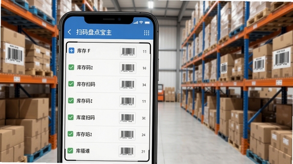 扫码盘点宝主界面截图，手机屏幕显示库存列表与扫码框，背景为整洁的仓库货架，商品码清晰可见，整体风格明亮写实
