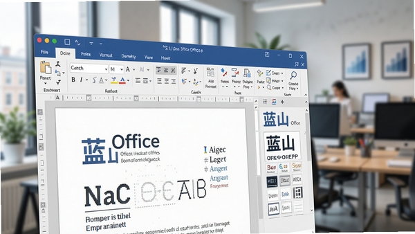 蓝山Office文字处理功能展示图，画面聚焦于文档编辑界面，显示丰富的排版工具栏和样式库，背景为模糊的办公场景，突出软件在文档创作上的专业能力。