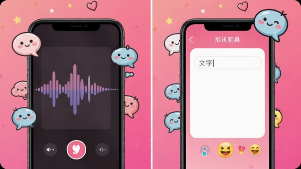附近陌陌约会互动功能展示，手机界面分割为两个部分，左边是语音聊天波形图，右边是文字输入框和表情图标，背景是粉色渐变，卡通气泡元素点缀，整体活泼明快