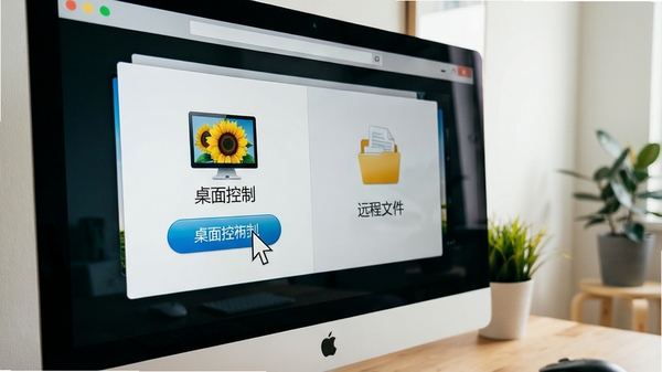 特写镜头展示电脑屏幕上向日葵远程控制软件的主界面，界面清晰显示“桌面控制”和“远程文件”两个主要功能模块图标，鼠标光标正停留在“桌面控制”按钮上，背景是简洁的室内环境，画面明亮，细节丰富。