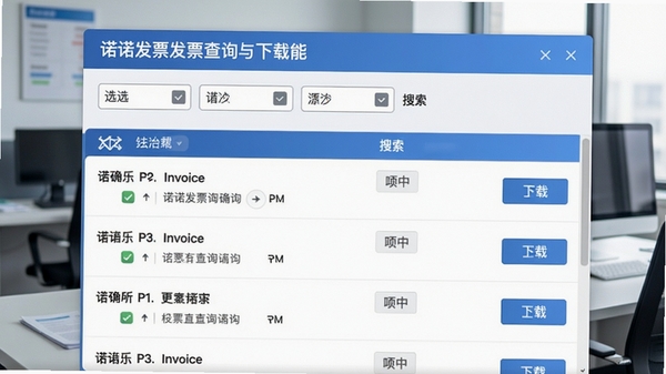 诺诺发票发票查询与下载功能截图，界面显示筛选条件栏和搜索结果列表，每条发票记录带有下载按钮，背景为财务办公场景，色调清爽，强调数据准确与效率