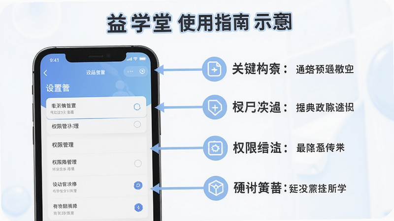 益学堂使用指南示意图,手机屏幕显示设置选项和权限管理界面,旁边有文字标注关键步骤,整体风格为教程指引类,背景柔白