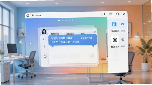 YSClaude应用主界面预览图,展示智能对话窗口与功能菜单图标,背景为现代简约的渐变色办公环境,整体风格明亮清晰,突出软件核心全貌与智能化氛围。