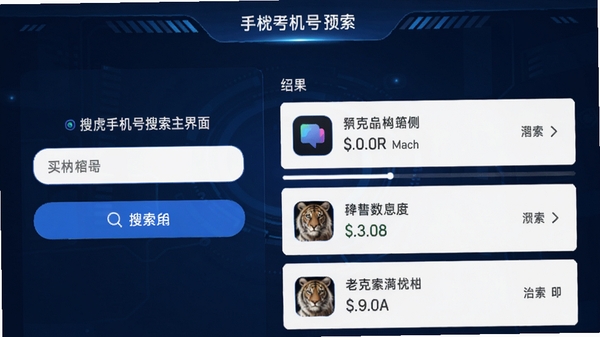 搜虎手机号搜索主界面预览图，展示输入框、搜索按钮以及结果列表，背景为深蓝色科技感界面，图标鲜明，整体风格现代简洁