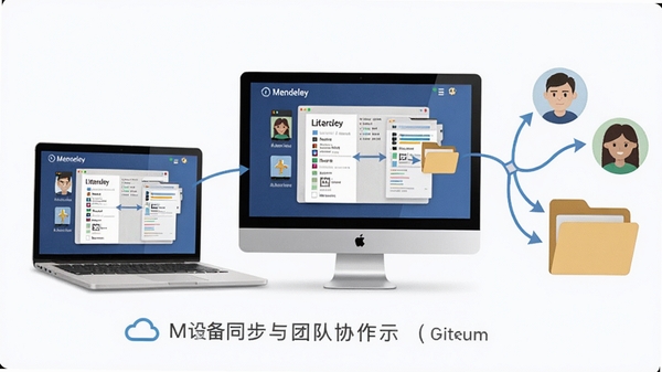Mendeley 跨设备同步与团队协作示意图，展示一台笔记本电脑和一台台式机同时登录同一账户，文献库数据同步更新，旁边有团队成员头像和共享文件夹图标，体现云同步与协作的便捷性。