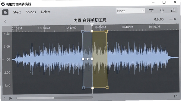 嗨格式音频转换器内置的音频剪切工具界面，展示波形图上的时间轴与剪切选区，背景为淡雅的渐变灰色，强调软件的实用性与专业性