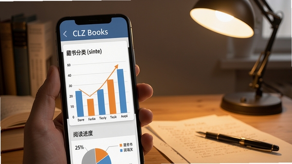 CLZ Books统计报表界面，手机屏幕显示柱状图和饼图，展示藏书分类和阅读进度，背景为书桌台灯，纸张和笔，暖色调，突出数据分析与统计功能