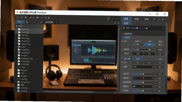 金舟音频人声分离软件主界面预览图，展示软件整体布局，左侧为文件列表，右侧为处理参数面板，背景为工作室场景，暖色调灯光，画面清晰，科技感强