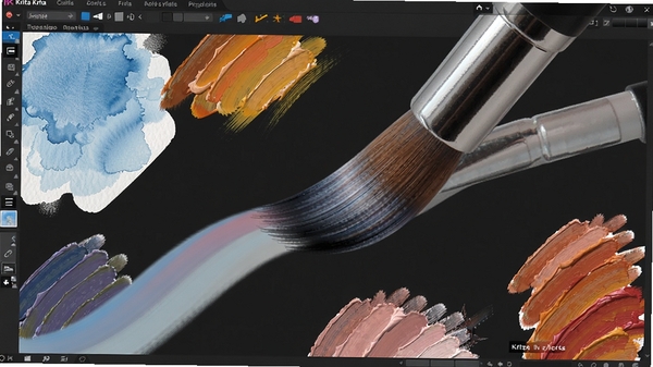 Krita 画笔工具特写截图，画面展示一个正在绘制流畅线条的笔刷效果，周围散布着不同质感的水彩与油画笔触纹理，背景为深色界面，突出画笔笔尖的细节和色彩过渡的自然感。