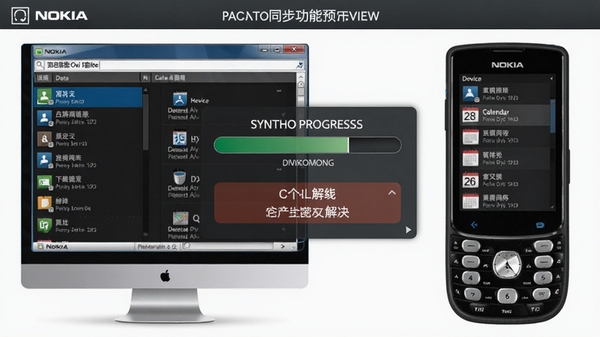 诺基亚Ovi套件的数据同步功能预览图，界面展示通讯录和日历的双向同步过程，左侧为电脑端数据列表，右侧为设备端数据列表，中间有同步进度条和冲突解决选项，整体风格清晰直观，突出高效管理的特点。