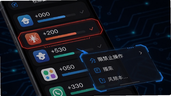 龙虾保应用权限管理功能示意图，画面展示一款手机应用列表，每个应用旁边标注着权限使用数量，其中某个应用被红色高亮标记，下方弹出权限禁止操作菜单，整体风格科技感强，背景采用深色主题，蓝色点缀。
