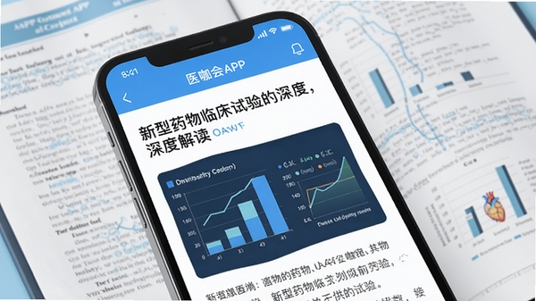 医咖会APP资讯阅读界面，手机屏幕展示一篇关于新型药物临床试验的深度解读文章，配有关键数据图表，背景为医学研究报告，风格清新专业