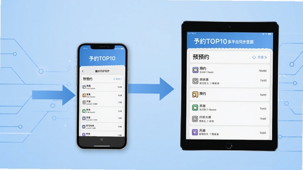 予TOP10多平台同步示意图,展示手机与平板电脑屏幕并列,屏幕上显示相同的预约列表,数据同步箭头连接两台设备,背景为柔和的科技蓝,风格简洁现代