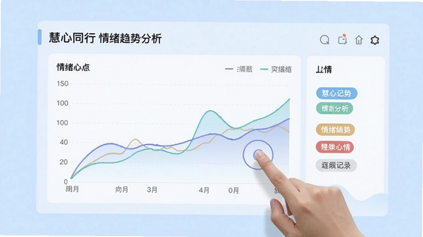 慧心同行情绪趋势分析界面，展示折线图与情绪标签，用户正在点击记录心情，背景为淡蓝色调，图表清晰易读，整体界面简洁明了，突出数据可视化效果