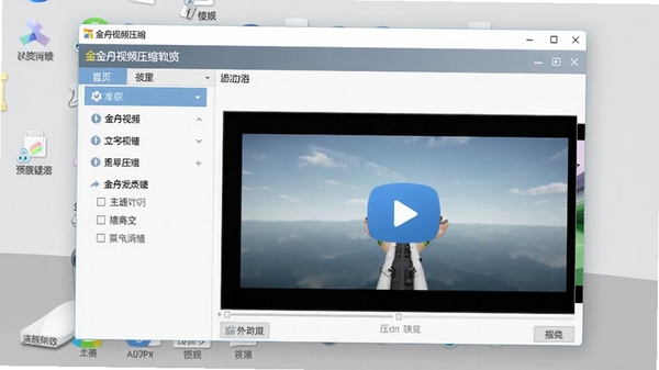 金舟视频压缩软件主界面预览图,展示简洁的软件操作窗口,左侧为功能列表,右侧为视频添加区域,背景为浅灰色桌面,整体风格清爽专业