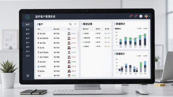 固乔客户管理系统主界面预览图，展示客户列表、跟进记录、数据统计三大核心模块，界面简洁清晰，背景为浅灰色办公桌面，整体风格商务专业