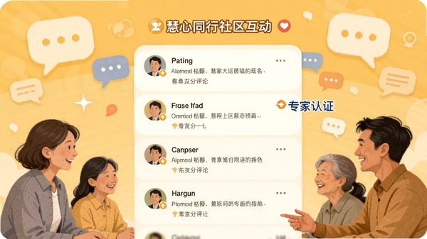 慧心同行社区互动界面，展示用户匿名发帖与评论列表，有专家认证标识，背景为暖黄色调，对话气泡图标点缀，整体氛围和谐友善，突出互助与专业指导特色