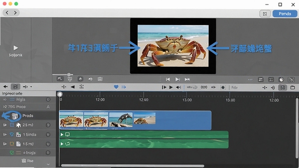 螃蟹视频剪辑软件操作界面演示图，显示素材拖拽到时间线的过程，带有箭头指示标注，界面明亮清晰，风格写实，帮助用户理解基本操作流程
