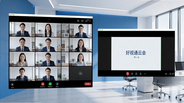 好视通云会议主界面预览图，展示高清视频会议画面，左侧为参会人员视频墙，右侧为屏幕共享区域，背景为现代简约办公室，整体色调蓝白相间，界面简洁明亮，细节清晰