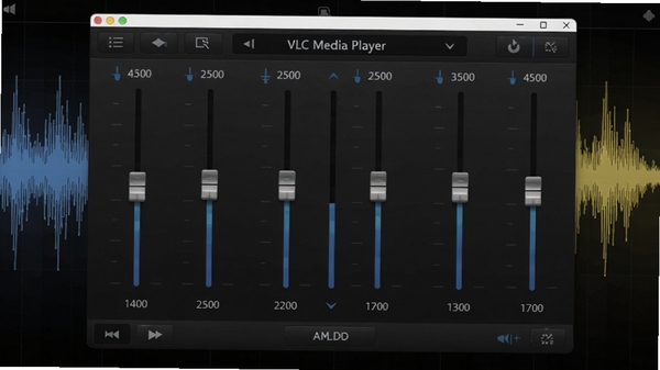 VLC Media Player 音频均衡器调节界面,显示多个频率滑块,界面清晰,背景为音乐波形图,风格专业,色彩搭配和谐,体现软件强大的音频调节功能