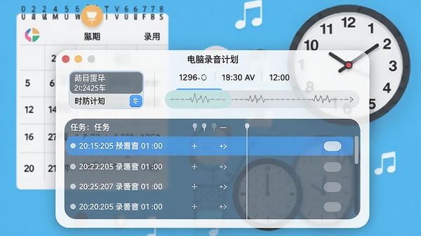 好哈电脑录音软件定时录制设置面板，显示日期选择器与时间轴，任务列表中有多个预设录制计划，界面风格明亮，按钮圆润，背景为桌面日历与时钟元素，整体观感清爽有序