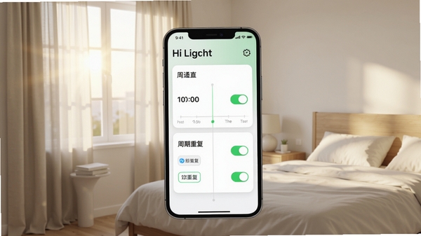 Hi Light定时任务设置界面展示图，画面展示一部手机，屏幕上显示时间轴与周期重复选项，背景是简洁的卧室场景，窗帘微开透进晨光，界面采用卡片式设计，开关按钮为绿色，整体色调清新明亮