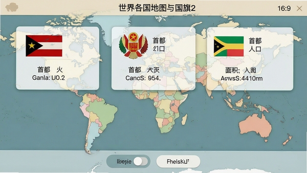 世界各国地图与国旗2软件国家资料卡片界面，画面中显示一个国家的基本信息，包括国旗、国徽、首都、人口、面积等文字内容，设计风格为卡片式布局，色调淡雅，界面底部有切换按钮，整体风格清晰整洁，画面比例为16:9，文字标注“世界各国地图与国旗2”。