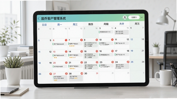 固乔客户管理系统日程提醒日历视图，展示每日待办事项和客户跟进计划，日历以月视图显示，重要日期有红色标记，界面配色清新，背景为简约办公桌