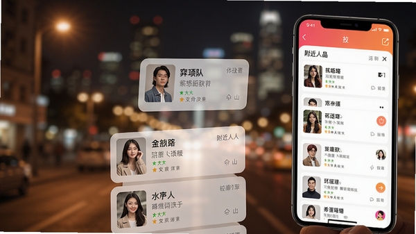 附近陌陌约会软件主界面预览图，手机屏幕显示附近的人列表，背景是模糊的城市夜景，暖色调灯光，人物头像卡片清晰，整体风格现代简洁，突出社交氛围