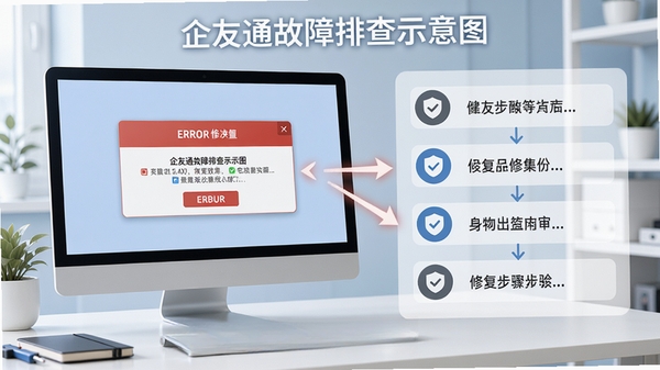 企友通故障排查示意图，展示电脑屏幕上的错误提示框和修复步骤，背景为干净的工作台，色调清爽，重点突出解决方法的步骤