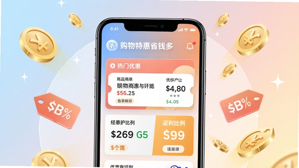 购物特惠省钱多软件主界面，展示热门商品优惠券和返利比例，背景为柔和渐变色，手机屏幕居中，周围有金币和折扣标签元素，整体风格明亮简洁，高清渲染