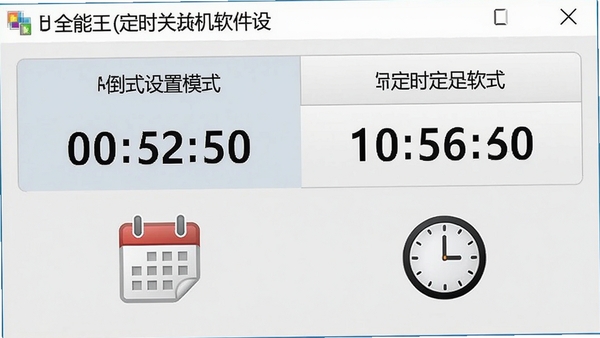 全能王定时关机软件设置定时模式的功能界面截图，显示倒计时和具体时间点两个选项卡，下方有日历图标和时钟图标，背景为浅灰色，界面清晰，文字可读性强