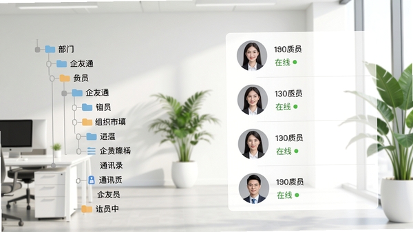 企友通组织架构通讯录功能展示图，画面左侧显示部门树状列表，右侧显示成员头像与在线状态，背景为简约的企业办公场景，绿色植物点缀，色调清新自然