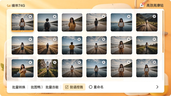 改图鸭批量处理功能操作界面示意图，画面中整齐排列着多张待处理的图片缩略图，下方工具栏显示批量转换和重命名选项，背景为明亮的暖色调，营造高效便捷的操作氛围