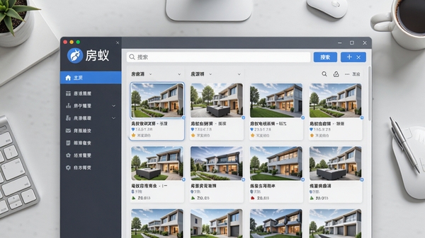 房蚁电脑版主界面预览图，展示房源列表、搜索栏和左侧分类导航，界面简洁现代，背景为浅灰色工作台，突出软件名称“房蚁”的Logo标识，整体风格明亮清晰