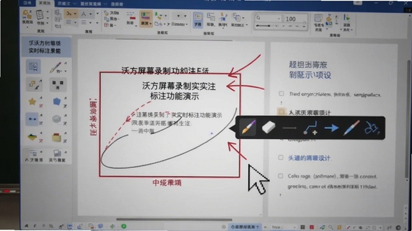 沃方屏幕录制实时标注功能演示,画面中鼠标指针旁出现画笔工具条,屏幕上有红色框选和箭头标注痕迹,背景为教学课件内容