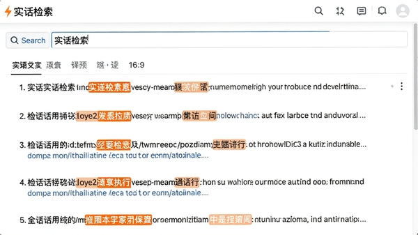 展示实话软件进行全文检索时的界面，搜索框内输入关键词，下方结果列表逐条显示包含关键词的文档片段，关键词部分以醒目的橙色高亮标记，界面背景为白色，整体风格清爽，突出检索功能的直观便捷，画面比例为16:9，高清渲染