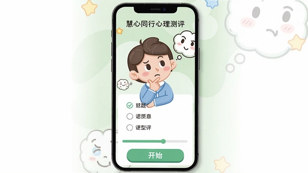 慧心同行心理测评页面，显示测评题目与选项，手机屏幕上有进度条和开始按钮，背景为浅绿色，搭配卡通人物思考表情，整体风格轻松易懂，强调专业性与亲和力