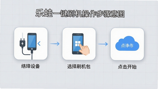 乐蛙一键刷机操作步骤示意图,画面分为三个连贯的步骤图标,第一步连接设备,第二步选择刷机包,第三步点击开始按钮,图标设计简洁明了,背景配以柔和的浅灰色网格,突出功能指引性