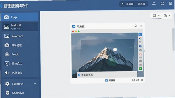 展示真图智慧图像软件主界面，左侧功能列表，右侧预览区域，整体界面简洁明亮，突出软件名称与核心的图像处理功能图标，现代扁平化设计风格