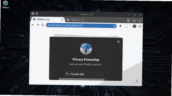 SRWare Iron浏览器主界面截图，展示其简洁的工具栏和隐私保护功能面板，背景为深色科技感桌面，浏览器窗口居中，地址栏高亮显示，整体风格现代专业