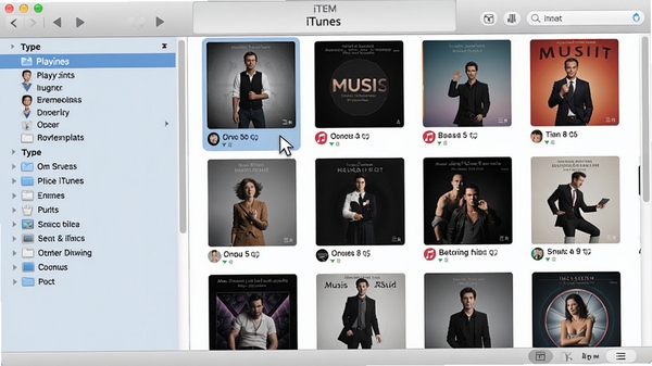 iTunes软件媒体资料库管理界面，左侧边栏显示播放列表与类型分类，右侧展示音乐专辑封面瀑布流，鼠标指针悬停在某张专辑上，整体采用浅色系界面，软件名称iTunes在左上角，画面清晰明亮