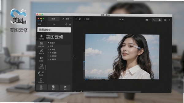 美图云修主界面预览，左侧为功能面板，右侧为图片编辑区，整体界面简洁现代，色调以深灰与白色为主，背景虚化处理，突出软件名称美图云修，画面高清，专业感强