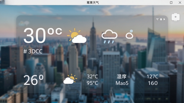 幂果天气软件主界面预览图，展示其简洁大气的桌面天气面板，背景为模糊的城市风景，前景清晰显示温度、天气状况、湿度及风力等核心数据，整体色调清新自然，符合现代桌面应用审美