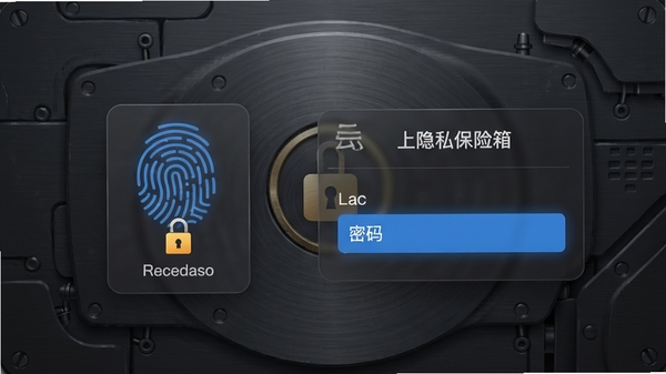云上链隐私保险箱功能操作界面，展示指纹解锁与密码输入框，背景为深灰色金属质感纹理，画面简洁突出安全防护氛围