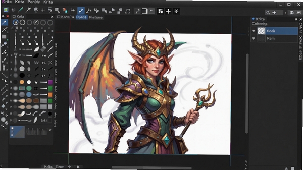 Krita 数字绘画软件主界面预览图，画面中央显示一个色彩丰富的绘画画布，左侧是整齐排列的画笔工具面板，右侧是图层面板，整体界面布局清晰，色调为深灰色专业风格，画布上有一幅尚未完成的奇幻风格角色插画，细节丰富，色彩明亮